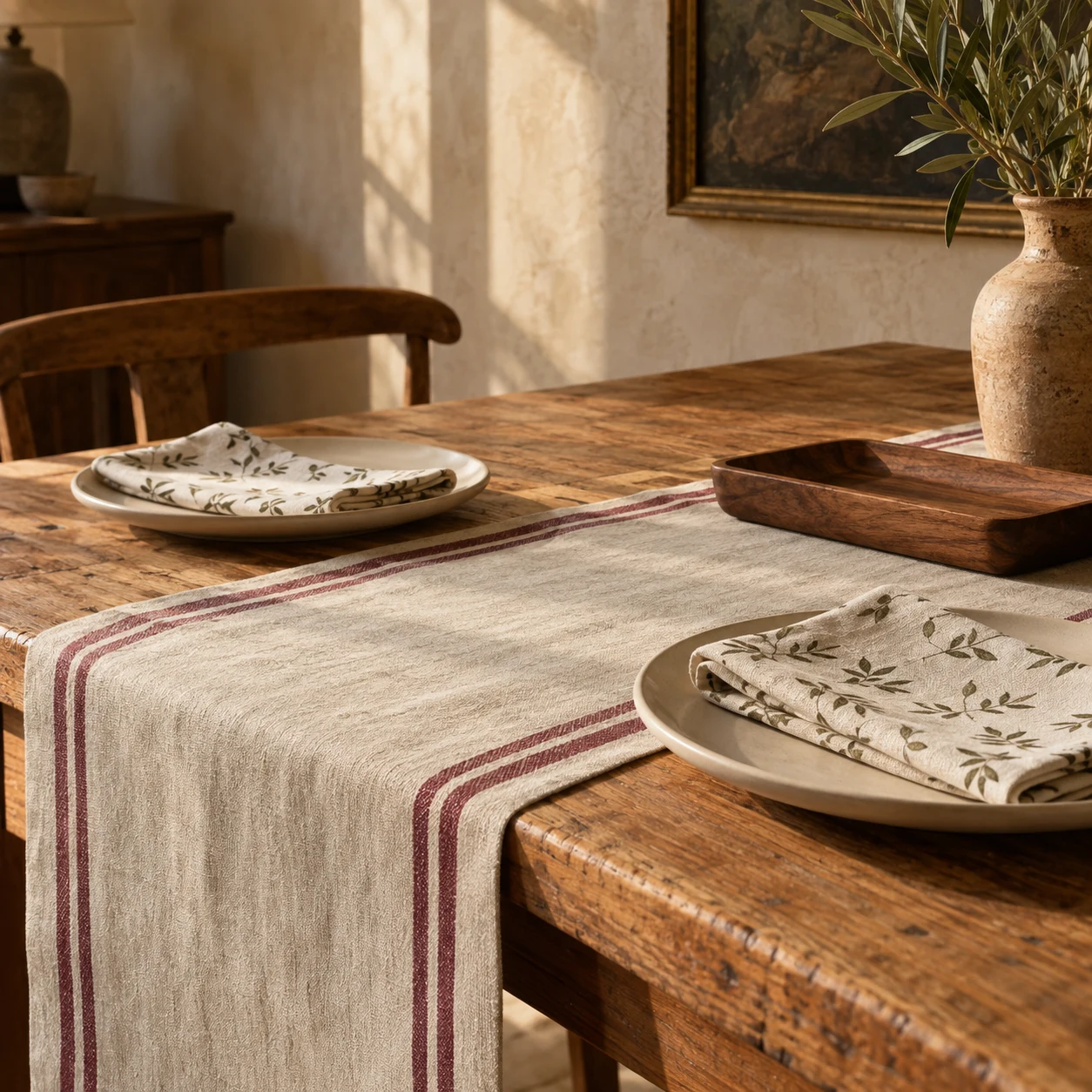 A quiet tablescape with flax table linen and warm wooden accents