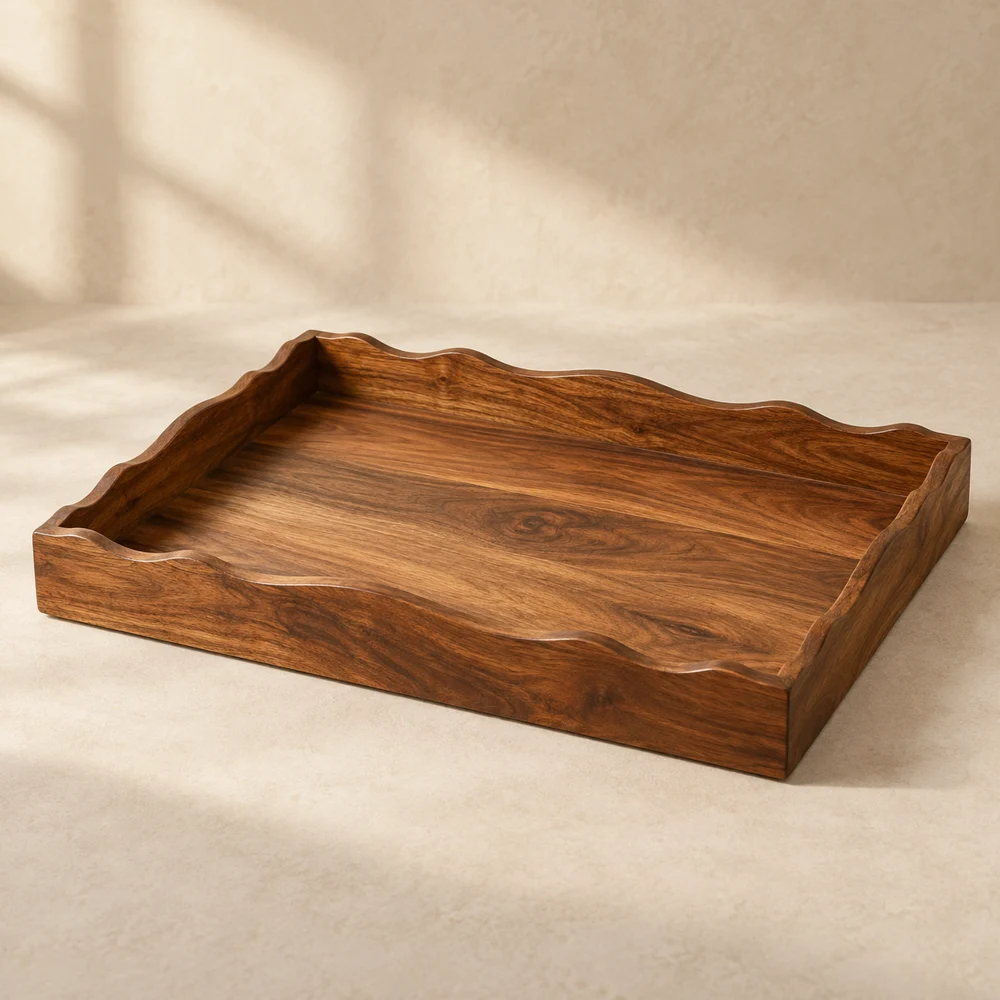 Alder Scalloped Serving Tray — Warm Brown