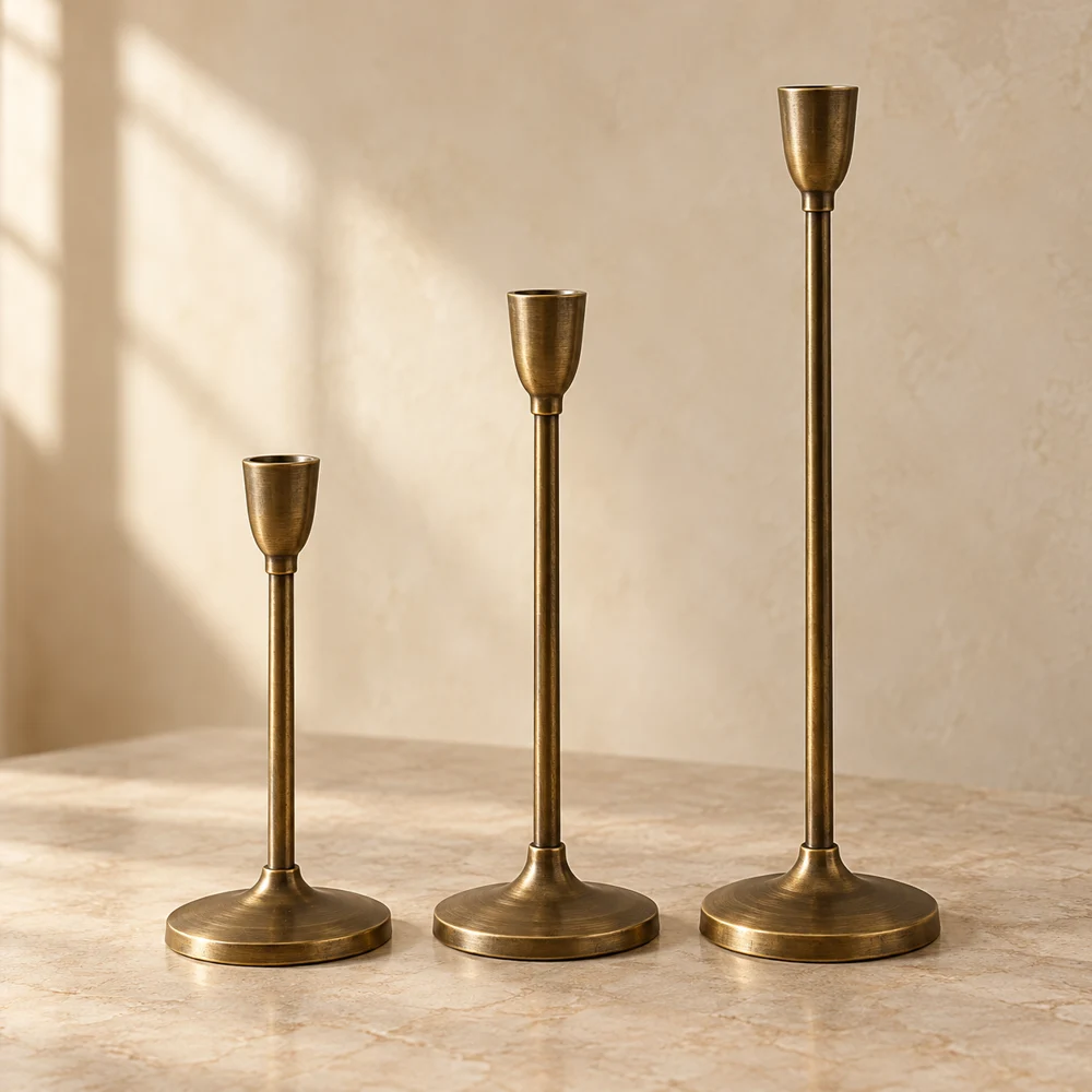 Antiqued Metal Candleholder Trio — Antique Brass