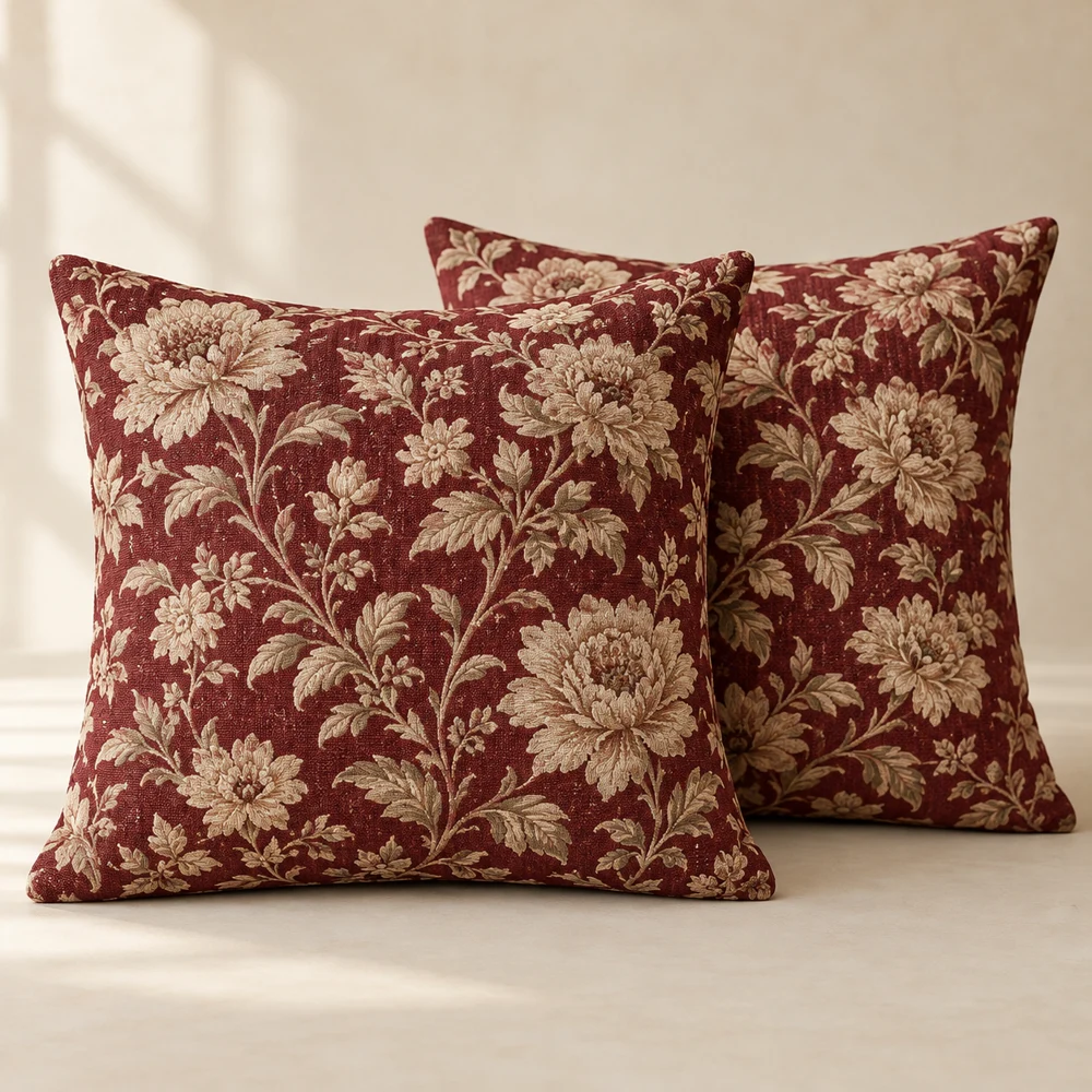 Tapestry Floral Cushion Pair — Burgundy